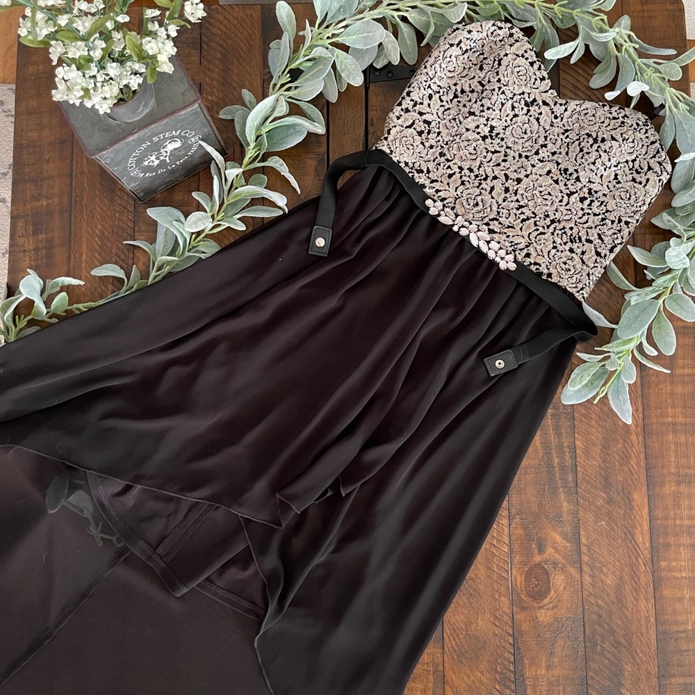 Black and Rose Gold Sequins strapless dress by A. Byer with jeweled belt.